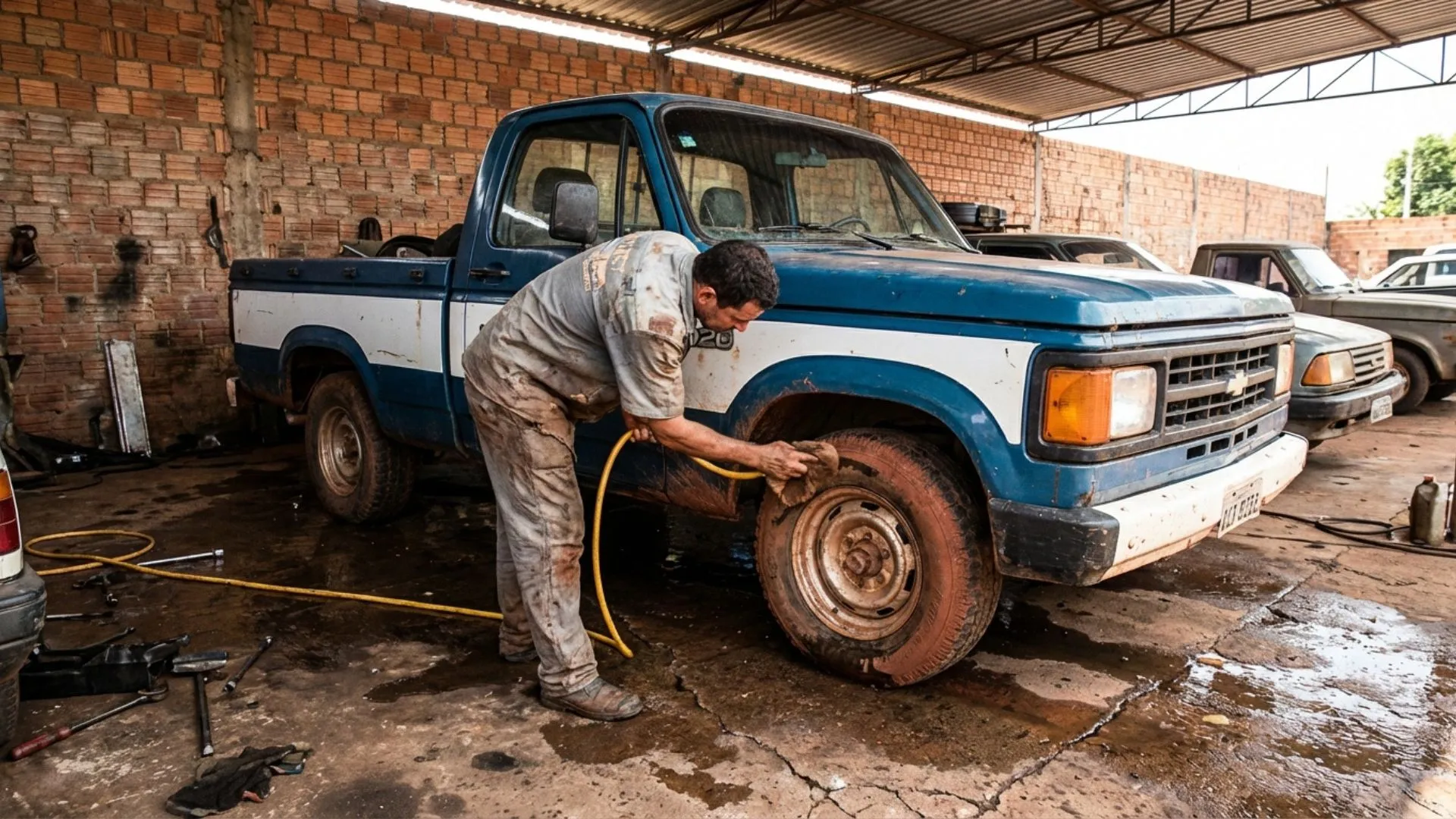Aplicação de produtos na limpeza de caixa de roda e suspensão