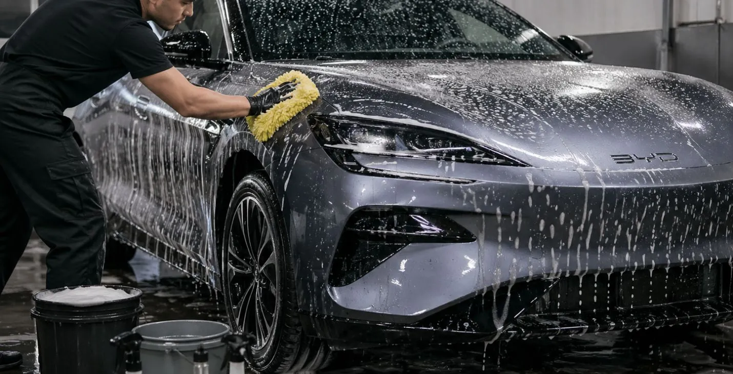 carro elétrico sendo lavado manualmente em lava-rápido